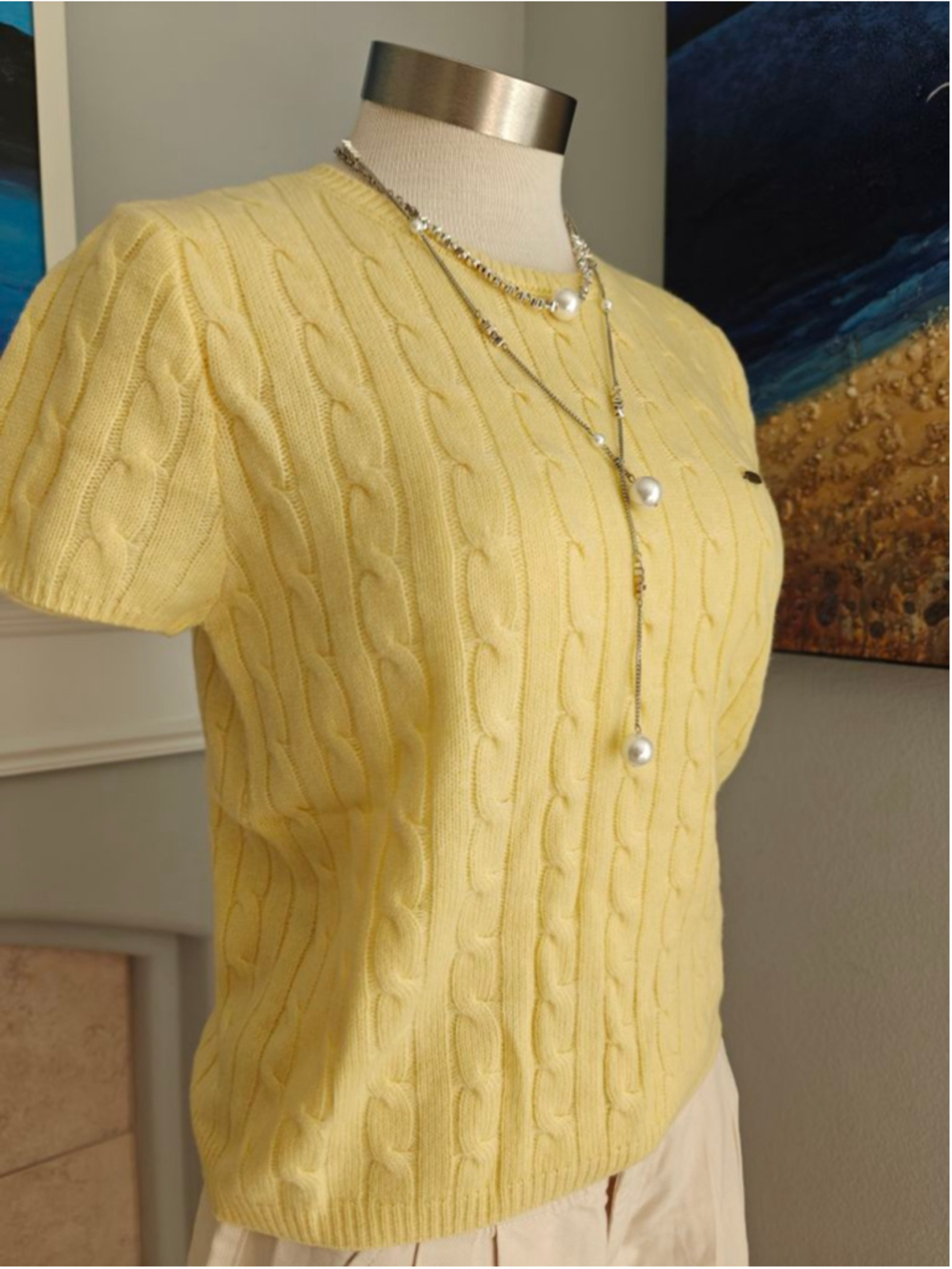 Women's Yellow Cable Knit Short Sleeve Crew Neck Sweater S - Picture 5 of 11